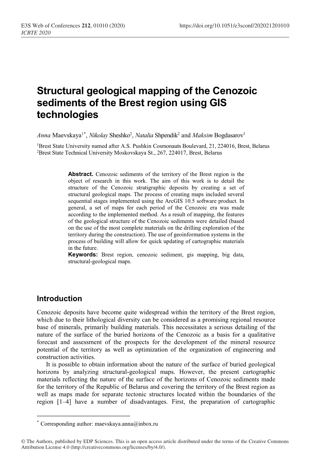 Structural Geological Mapping of the Cenozoic Sediments of the Brest Region Using GIS Technologies
