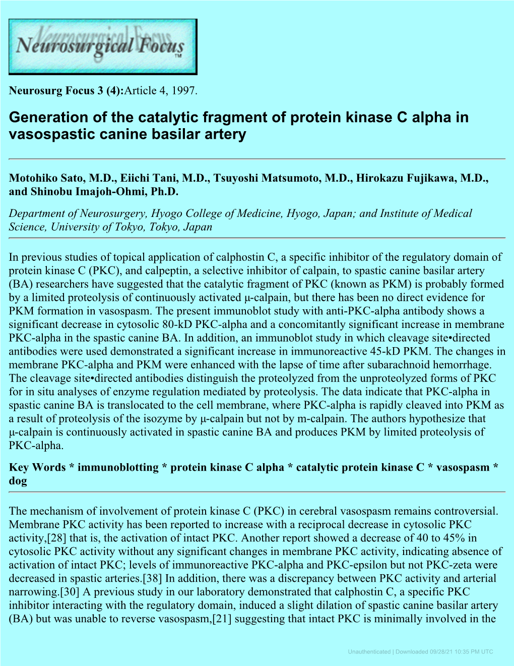 Generation of the Catalytic Fragment of Protein Kinase C Alpha in Vasospastic Canine Basilar Artery