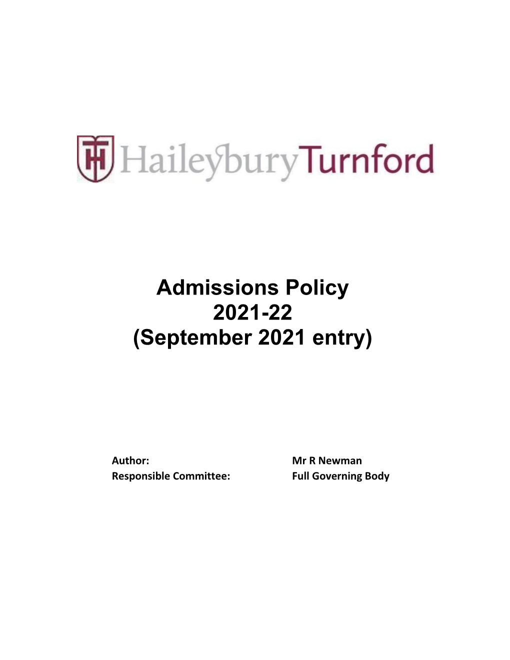 Admissions Policy 2021-22 (September 2021 Entry)