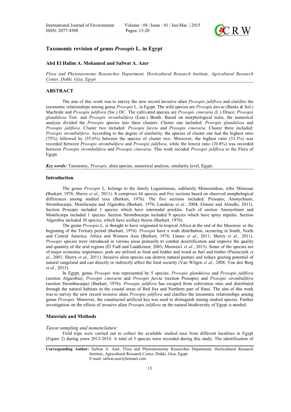 Taxonomic Revision of Genus Prosopis L. in Egypt