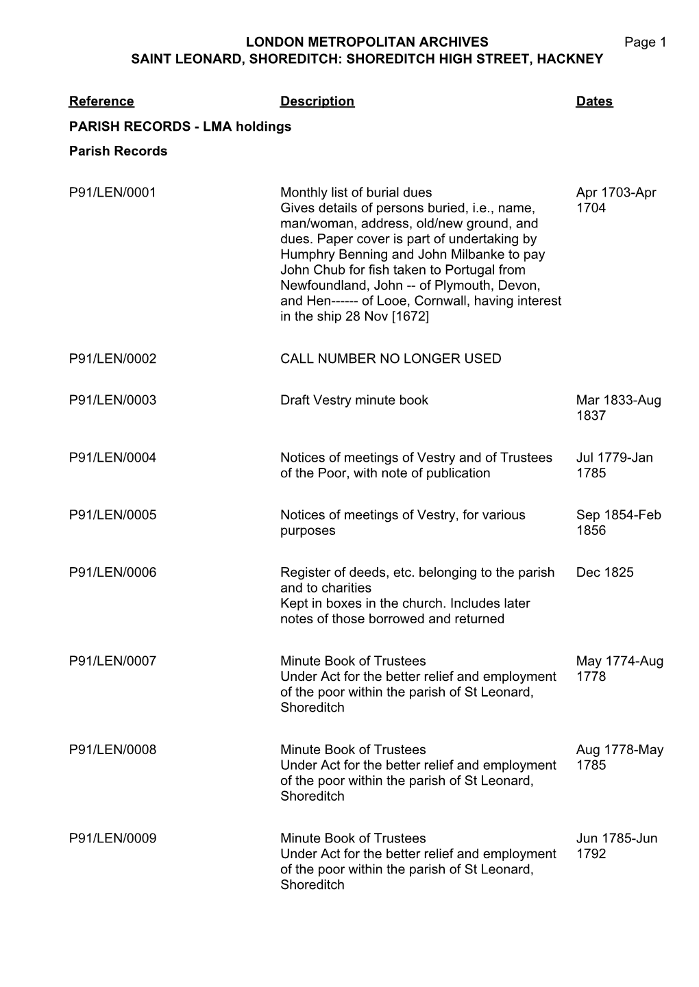 SHOREDITCH HIGH STREET, HACKNEY P91/LEN Page 1 Reference Description