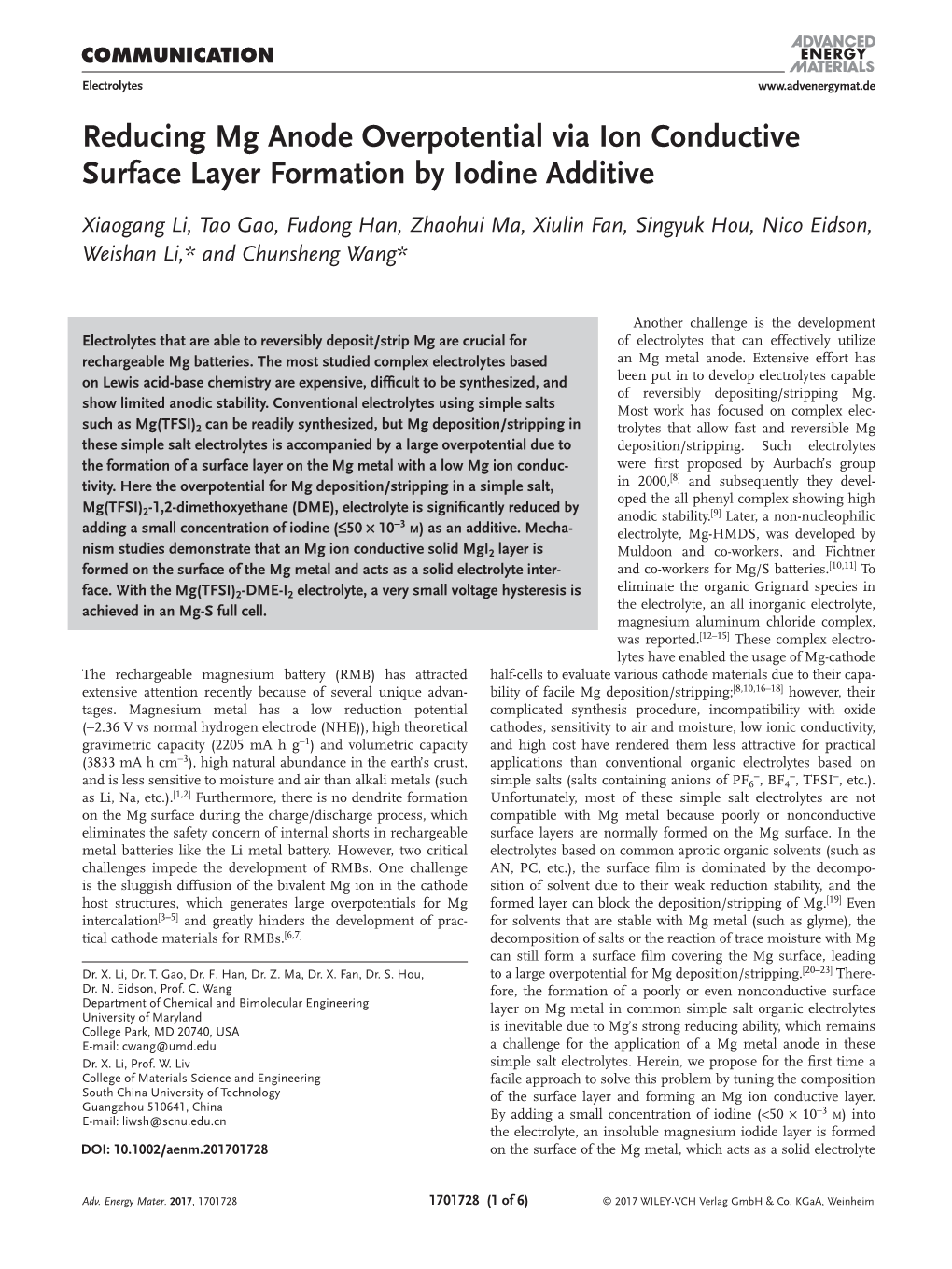 Reducing Mg Anode Overpotential Via Ion Conductive Surface Layer Formation by Iodine Additive