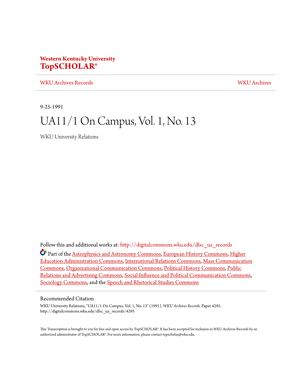 UA11/1 on Campus, Vol. 1, No. 13 WKU University Relations