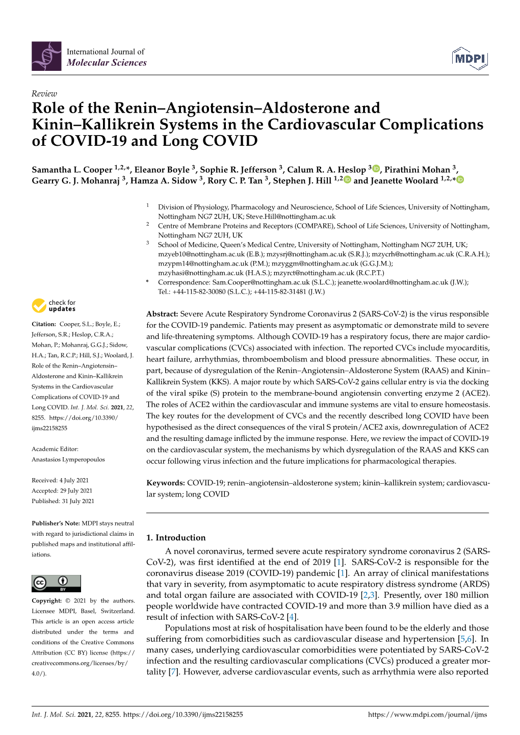 Role of the Renin–Angiotensin–Aldosterone and Kinin–Kallikrein Systems in the Cardiovascular Complications of COVID-19 and Long COVID