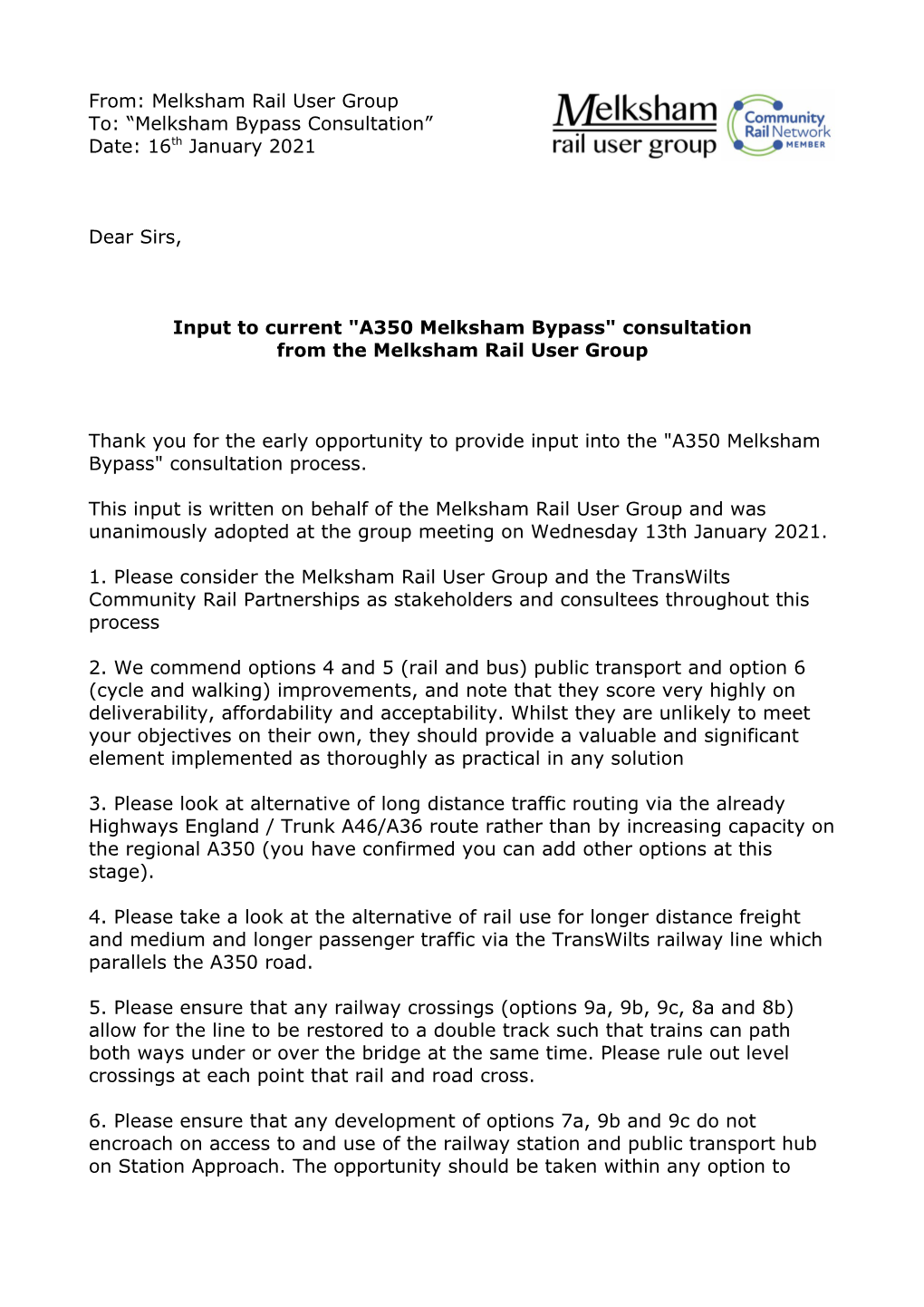 From: Melksham Rail User Group To: “Melksham Bypass Consultation” Date: 16Th January 2021