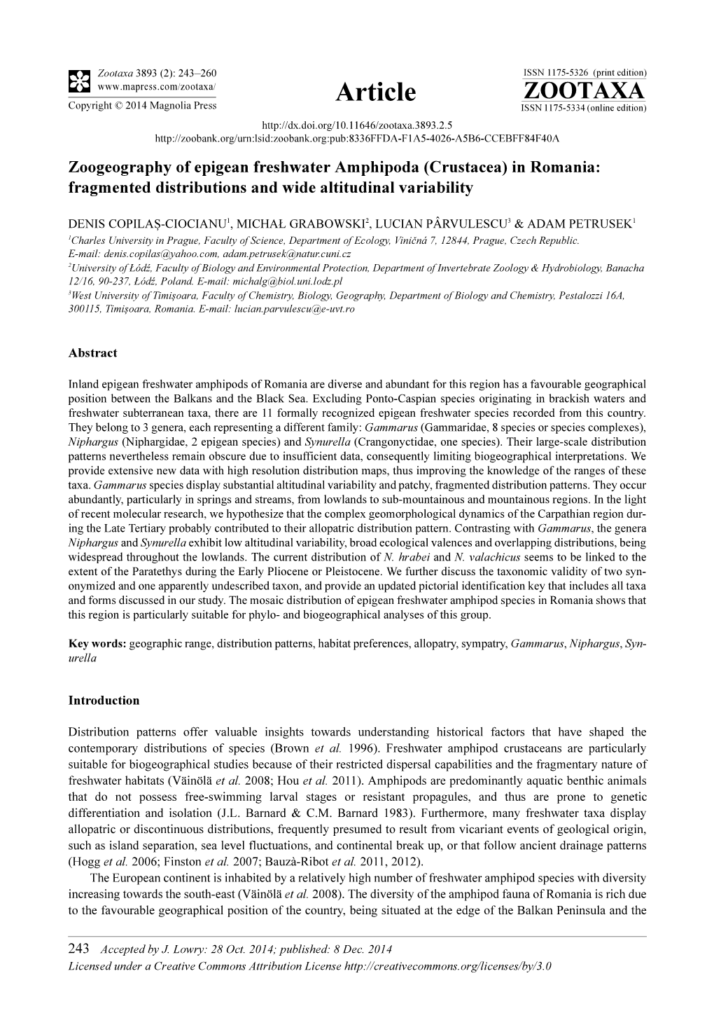 Zoogeography of Epigean Freshwater Amphipoda (Crustacea) in Romania: Fragmented Distributions and Wide Altitudinal Variability