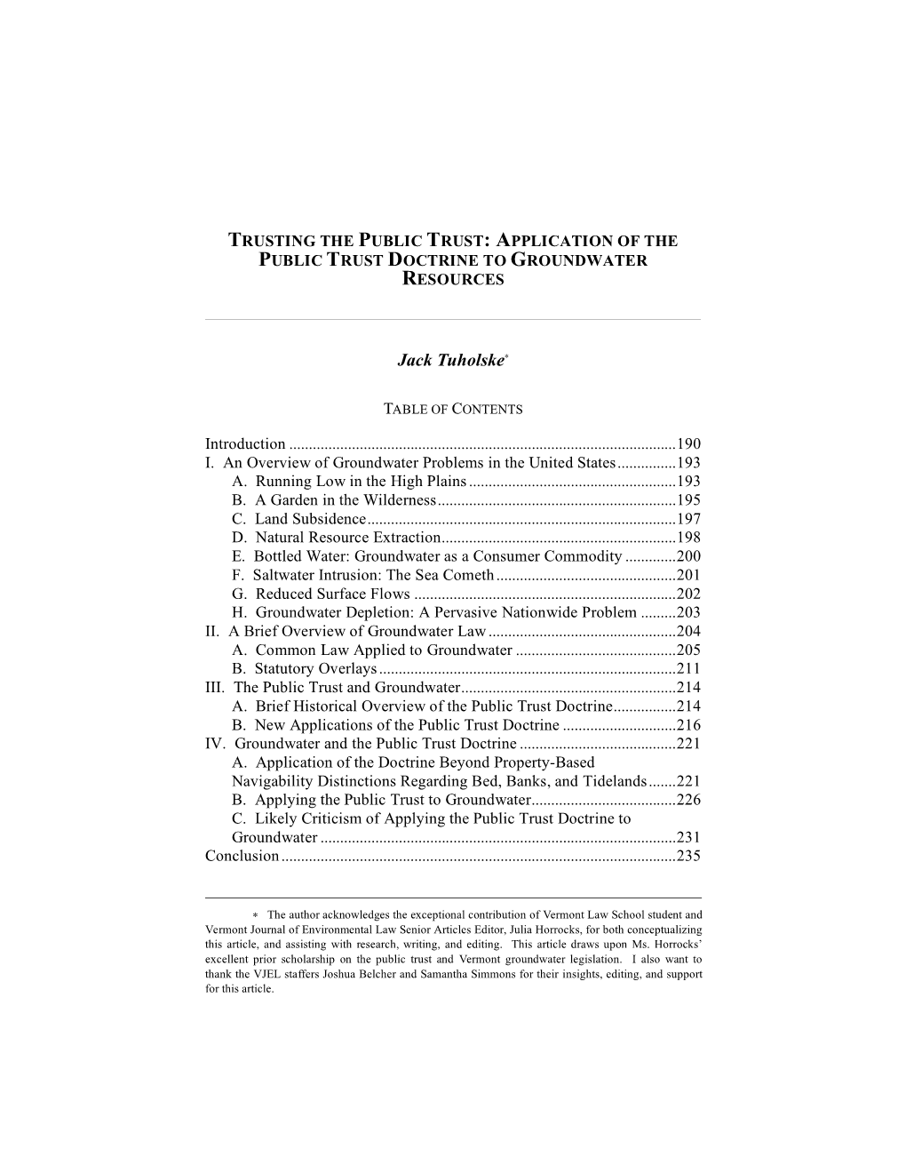 Public Trust: Application of the Public Trust Doctrine to Groundwater Resources