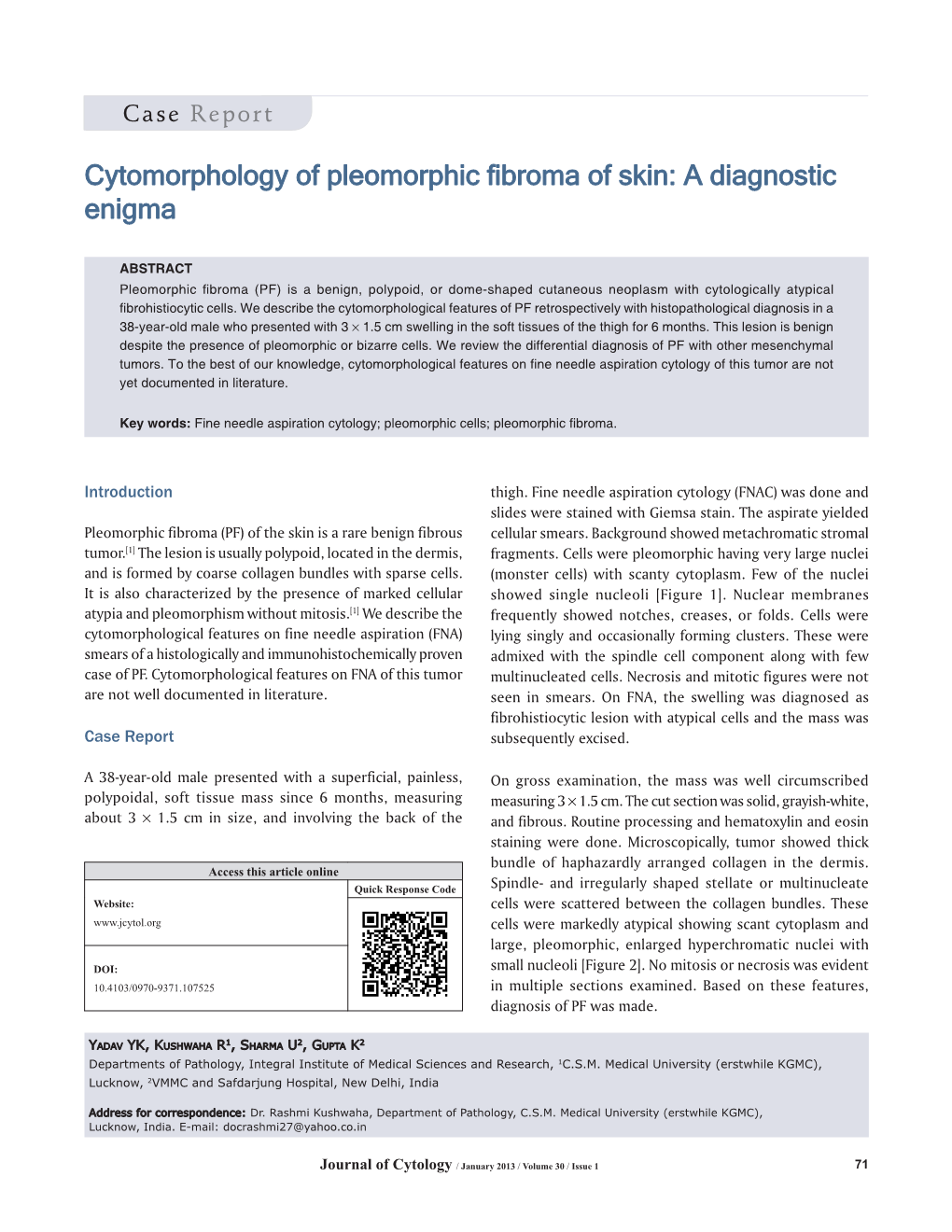 Cytomorphology of Pleomorphic Fibroma of Skin: a Diagnostic Enigma