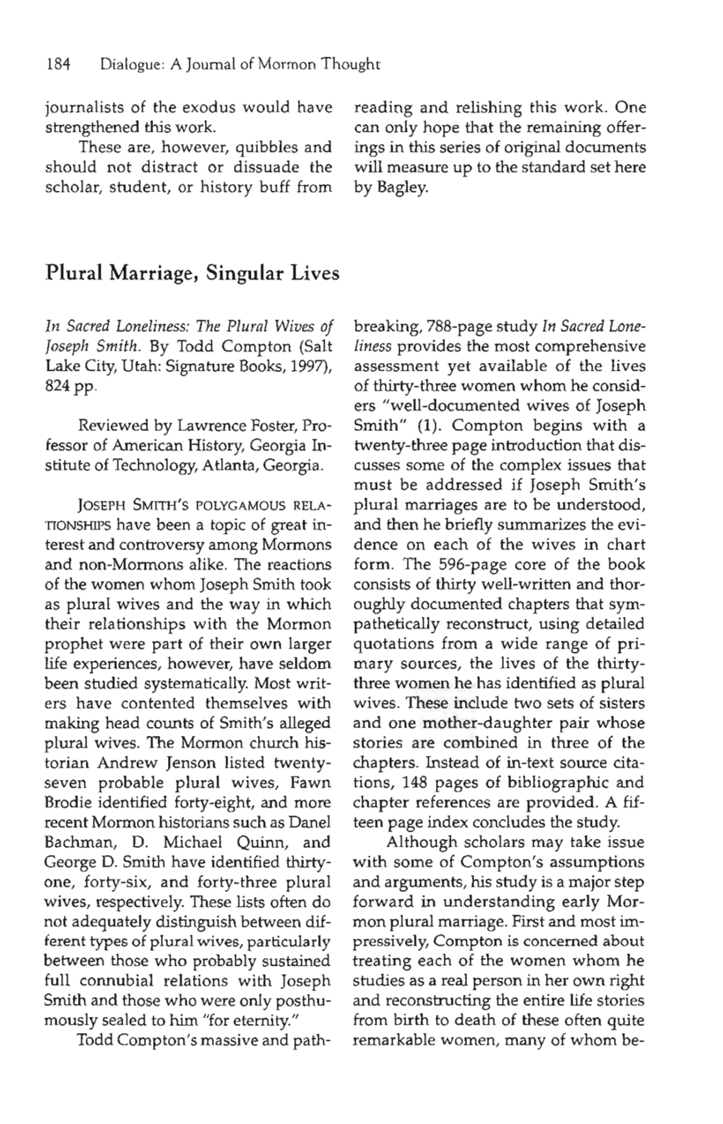Plural Marriage, Singular Lives