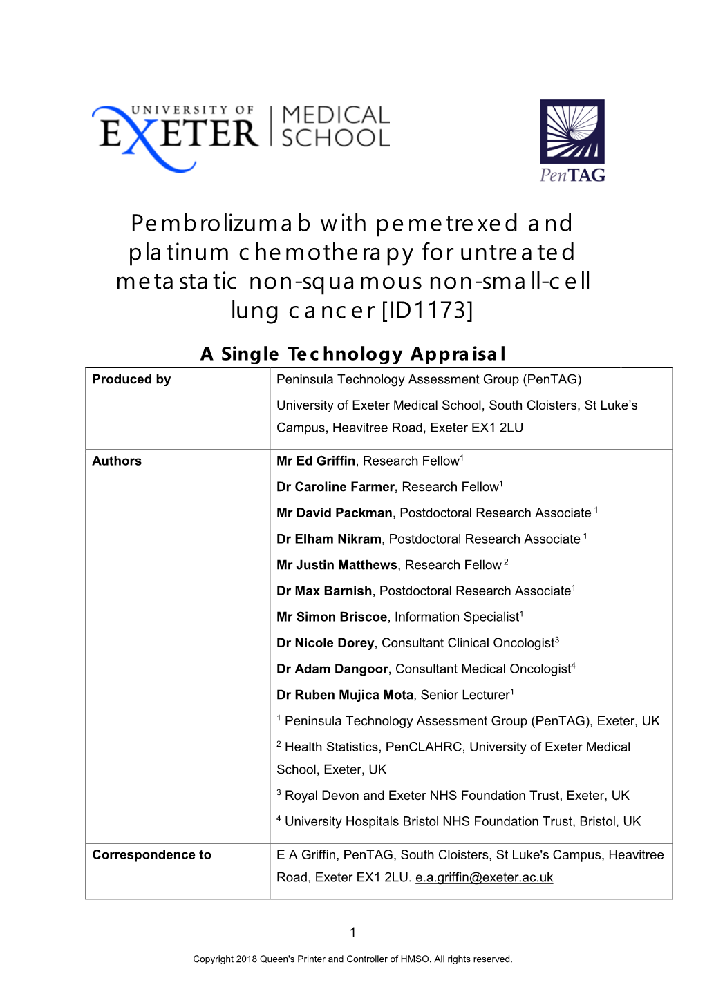 Pembrolizumab with Pemetrexed and Platinum Chemotherapy for Untreated Metastatic Non-Squamous Non-Small-Cell Lung Cancer [ID1173]