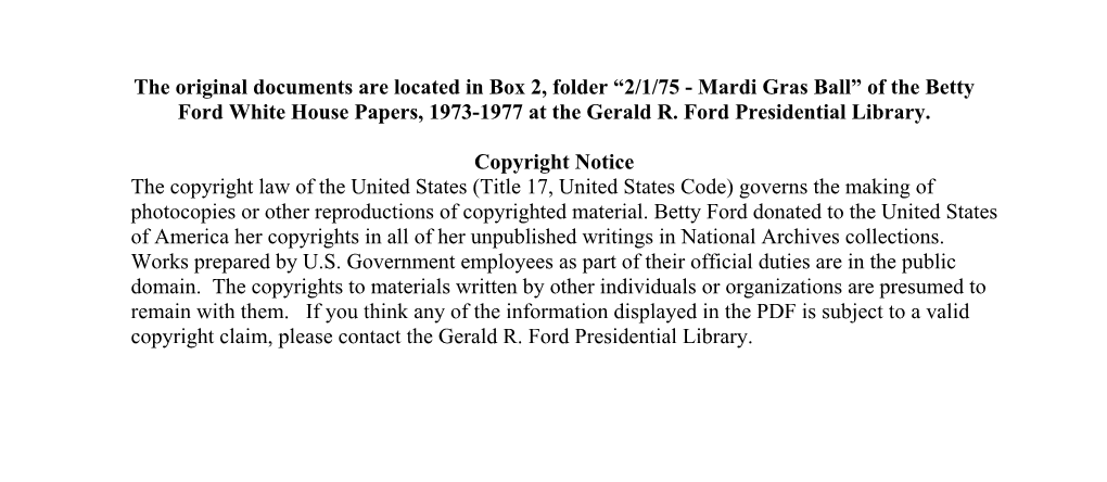 2/1/75 - Mardi Gras Ball” of the Betty Ford White House Papers, 1973-1977 at the Gerald R