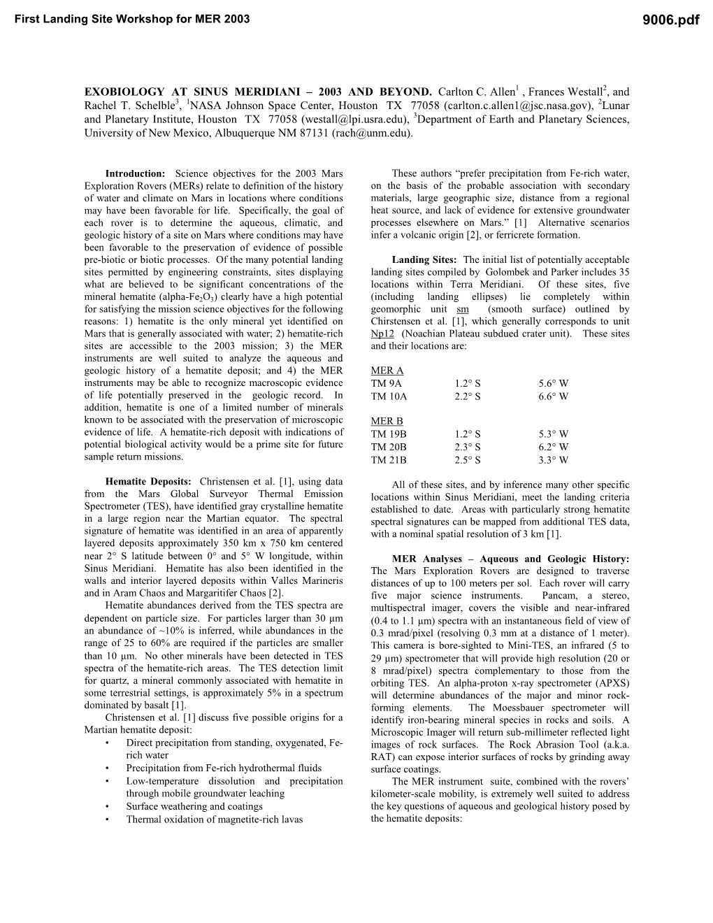 Exobiology at Sinus Meridiani – 2003 and Beyond