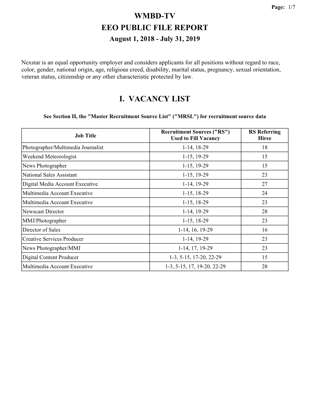 Wmbd-Tv Eeo Public File Report I. Vacancy List