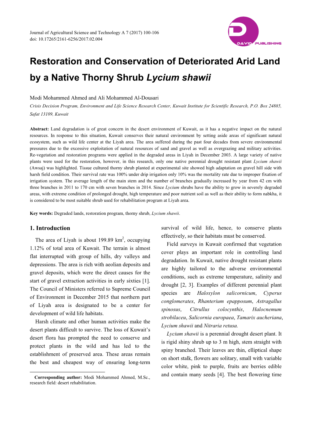 Restoration and Conservation of Deteriorated Arid Land by a Native Thorny Shrub Lycium Shawii