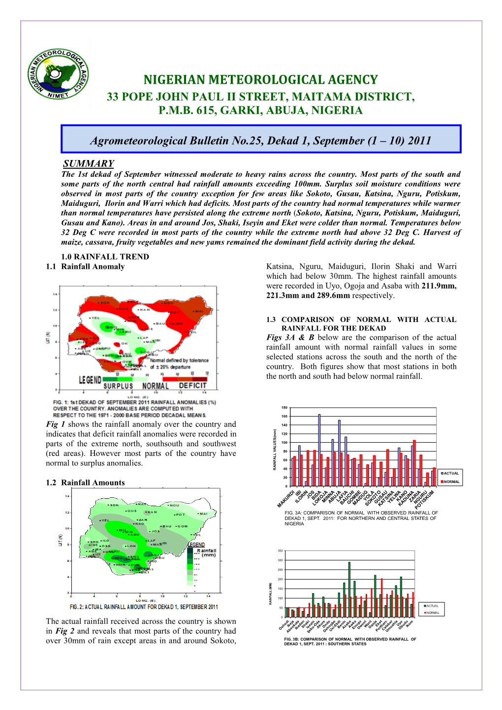 Agrometeorological Bulletin No.25, Dekad 1, September (1 – 10) 2011