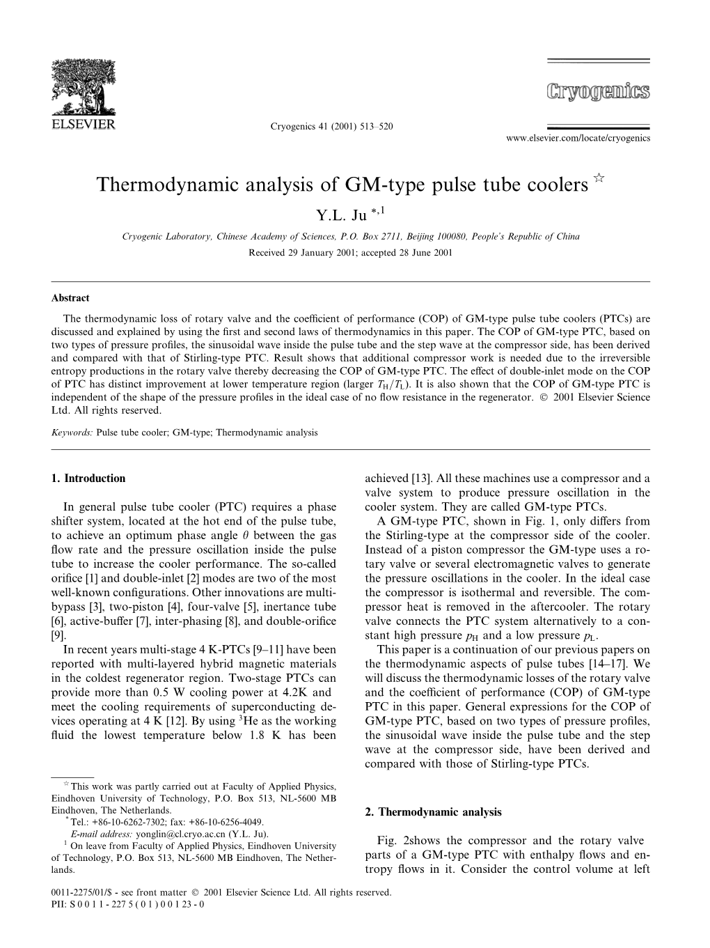 Thermodynamic Analysis of GM-Type Pulse Tube Coolers Q Y.L