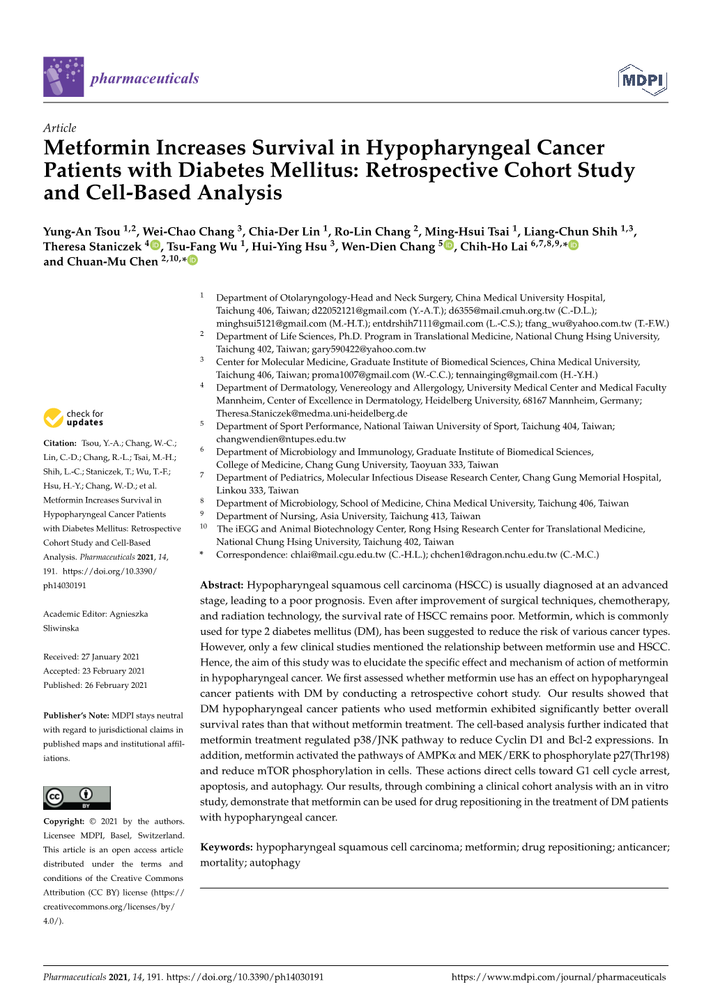 Metformin Increases Survival in Hypopharyngeal Cancer Patients with Diabetes Mellitus: Retrospective Cohort Study and Cell-Based Analysis