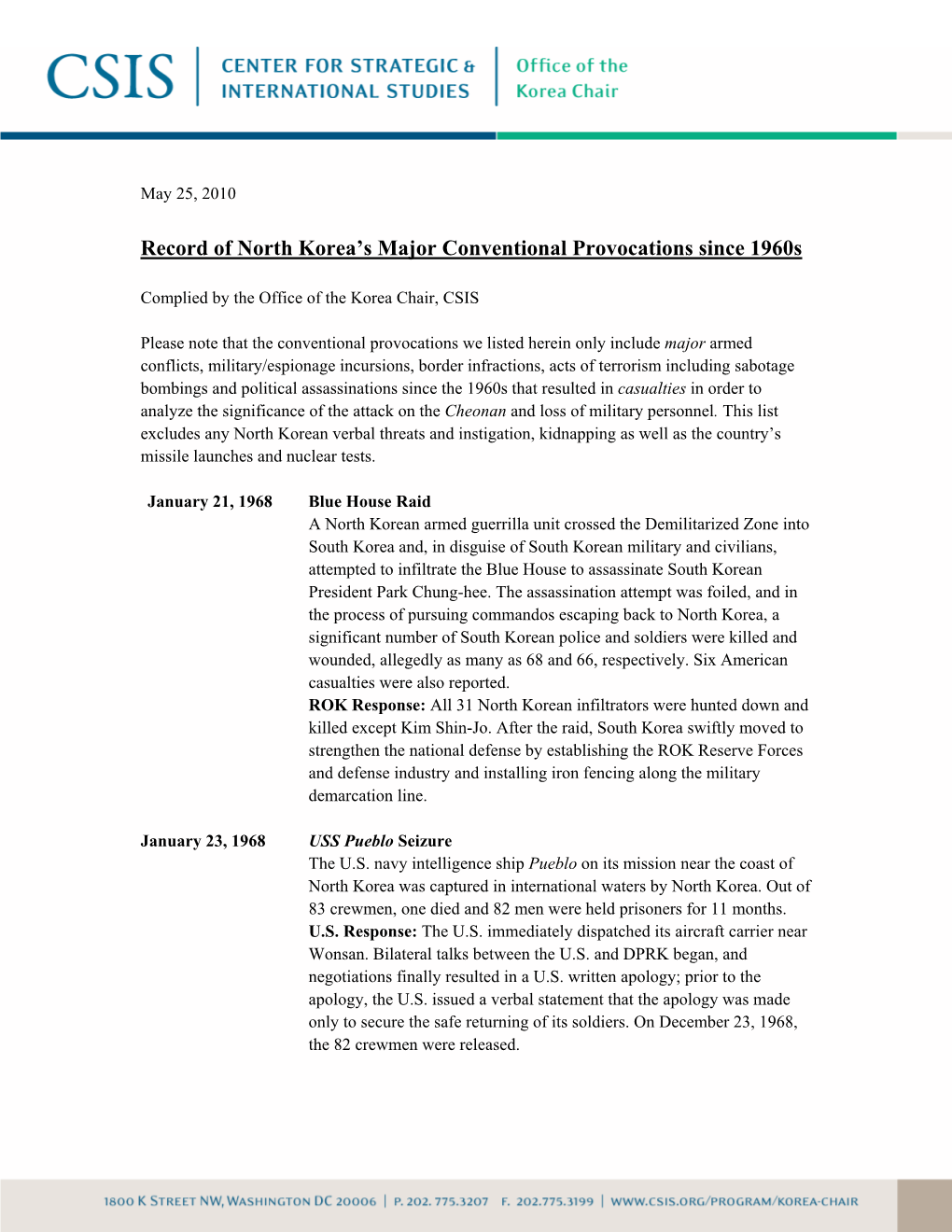 Record of North Korea's Major Conventional Provocations Since