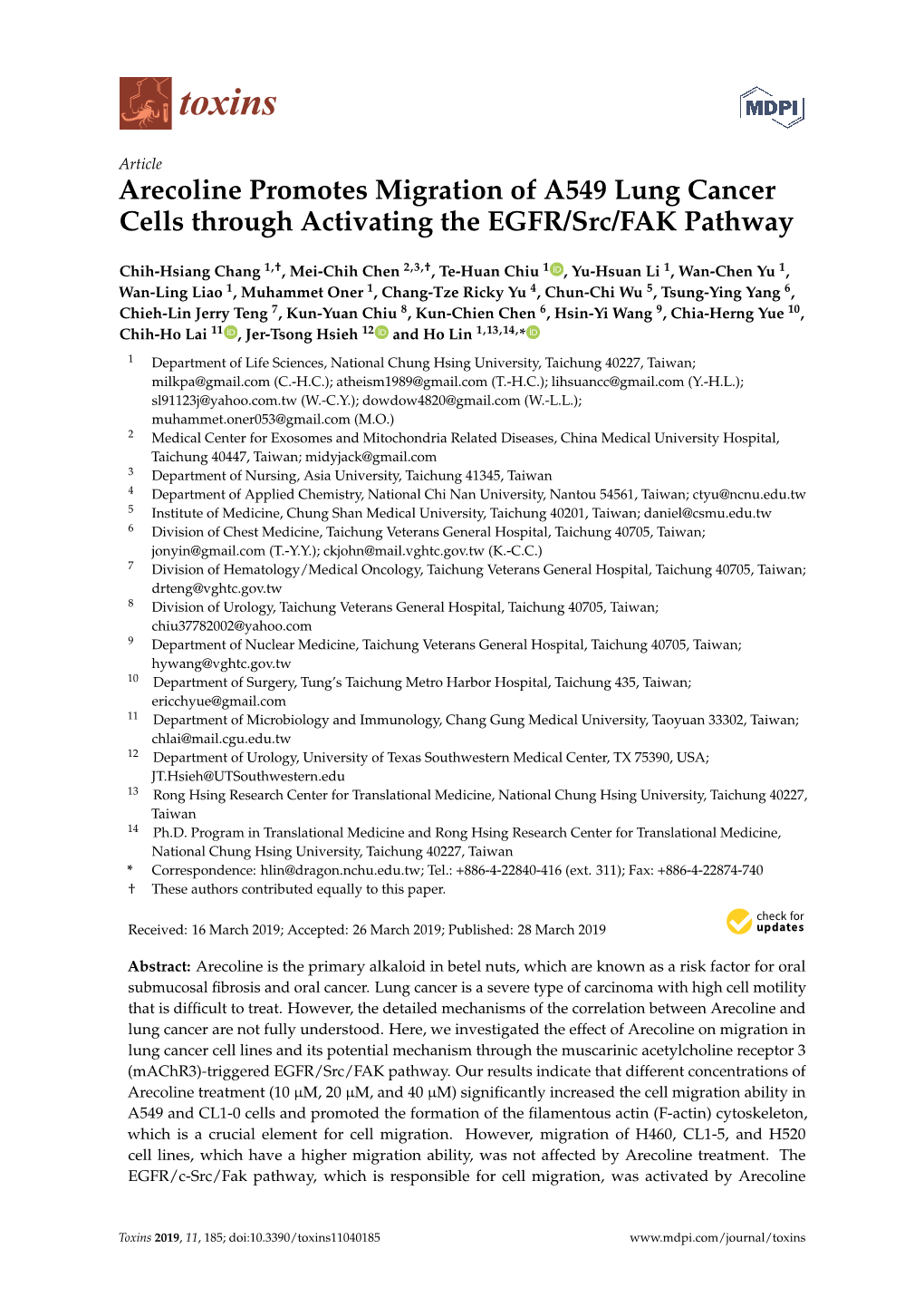 Arecoline Promotes Migration of A549 Lung Cancer Cells Through Activating the EGFR/Src/FAK Pathway