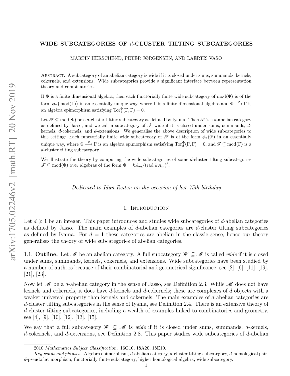 Arxiv:1705.02246V2 [Math.RT] 20 Nov 2019 Esyta Ulsubcategory Full a That Say [15]