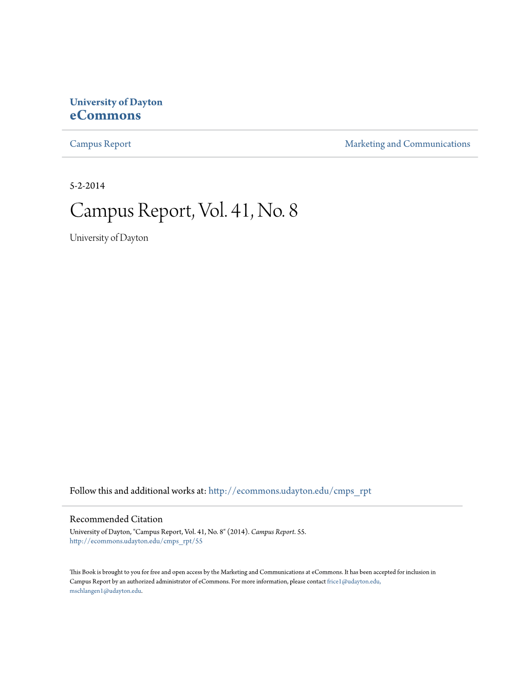 Campus Report, Vol. 41, No. 8 University of Dayton