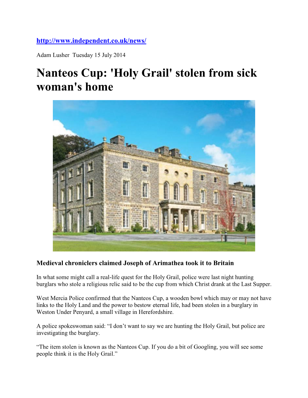 Nanteos Cup: 'Holy Grail' Stolen from Sick Woman's Home