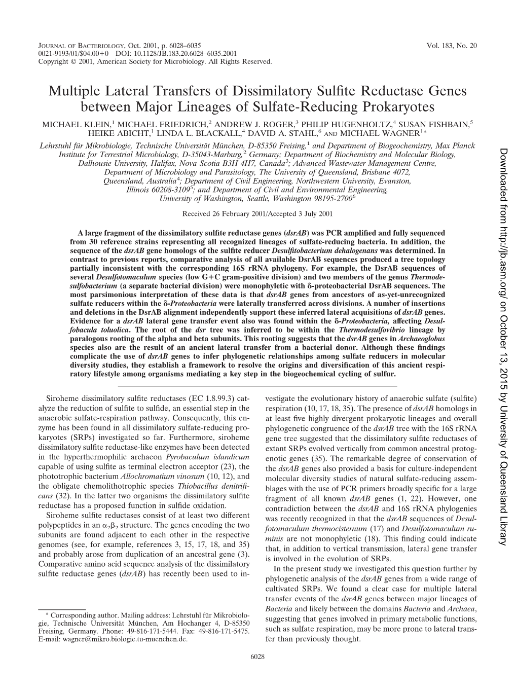 Multiple Lateral Transfers of Dissimilatory Sulfite Reductase