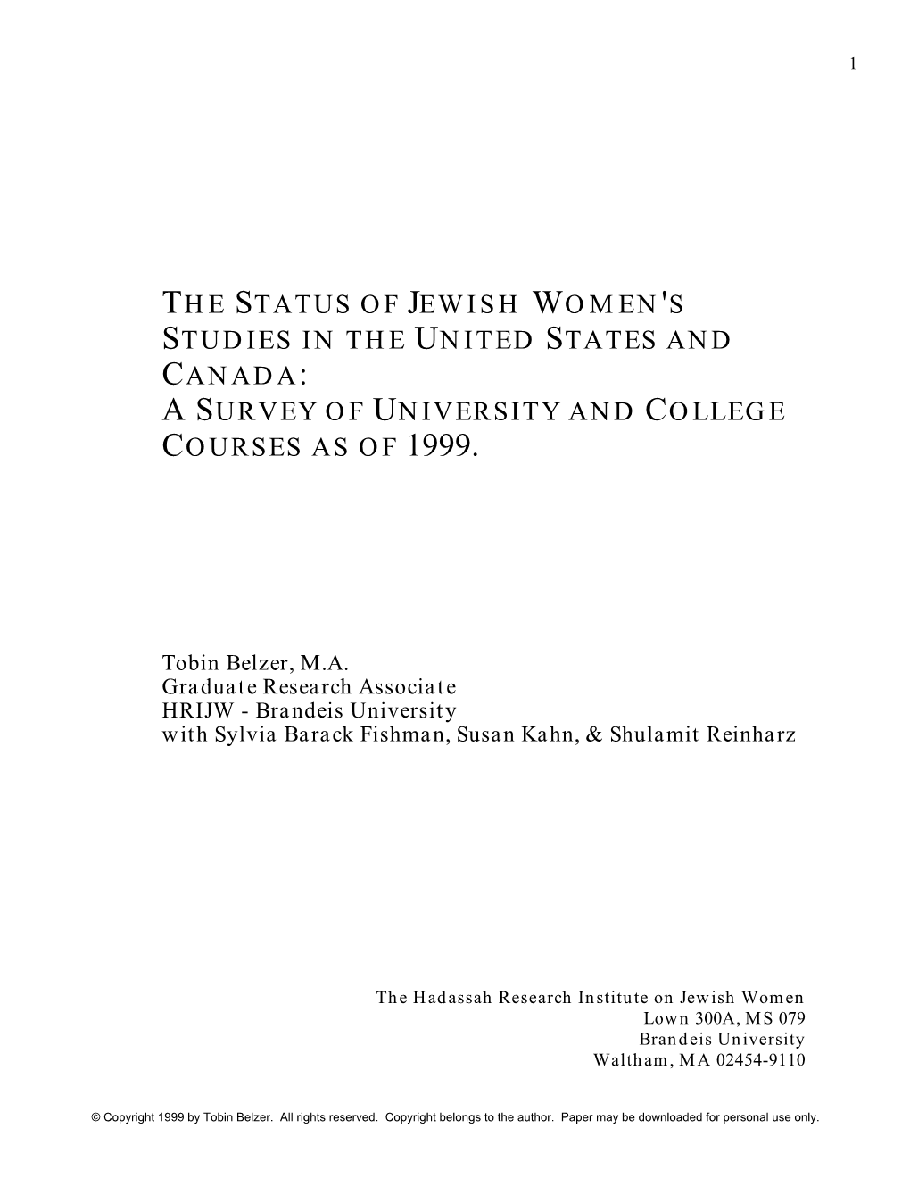 The Status of Jewish Women's Studies in the United States and Canada: a Survey of University and College Courses As of 1999