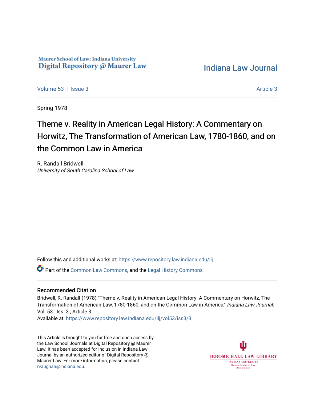 Theme V. Reality in American Legal History: a Commentary on Horwitz, the Transformation of American Law, 1780-1860, and on the Common Law in America