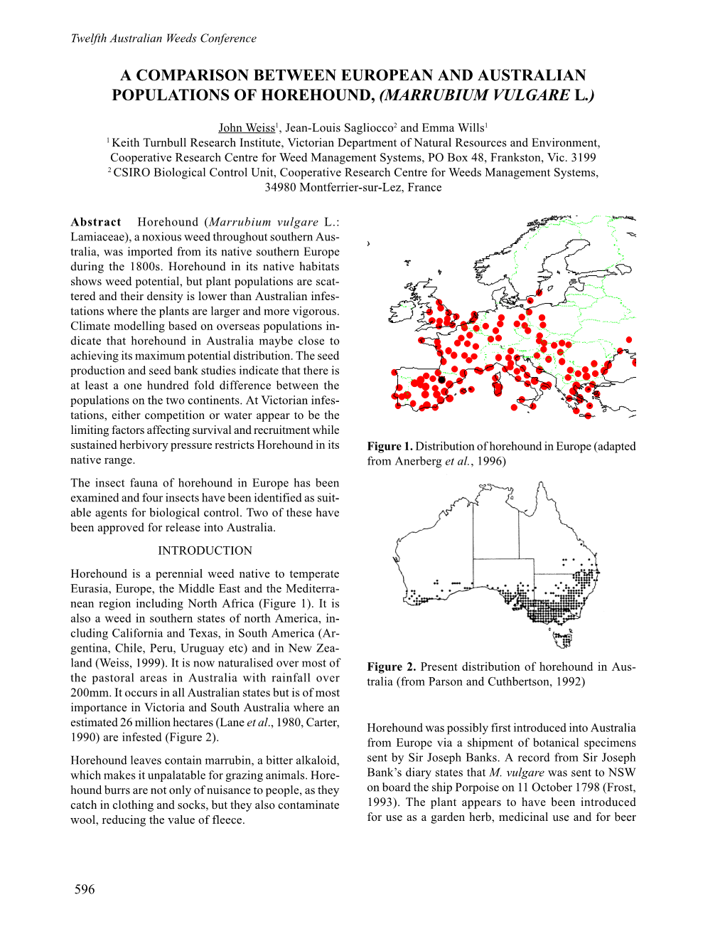 A Comparison Between European and Australian Populations of Horehound, (Marrubium Vulgare L.)