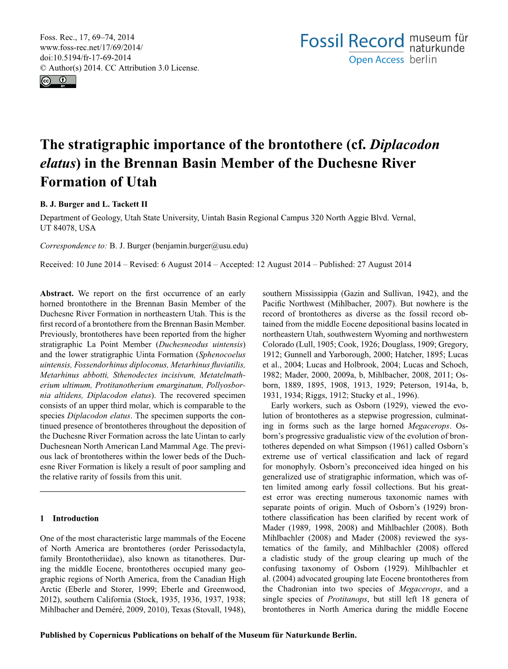 The Stratigraphic Importance of the Brontothere (Cf. Diplacodon Elatus) in the Brennan Basin Member of the Duchesne River Formation of Utah