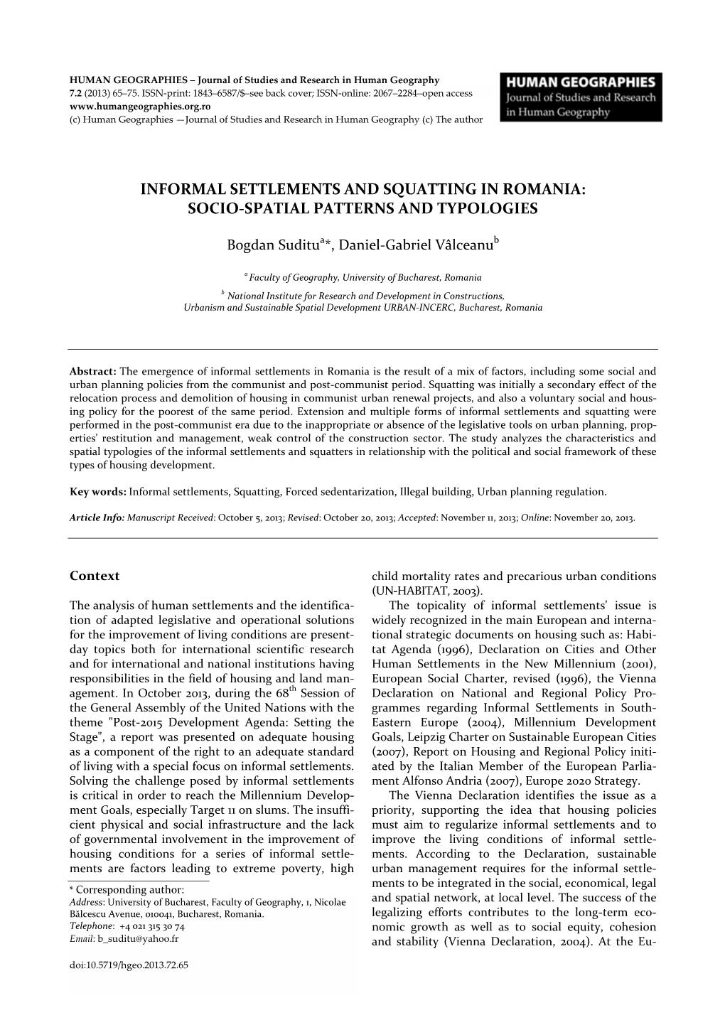 Informal Settlements and Squatting in Romania: Socio-Spatial Patterns and Typologies