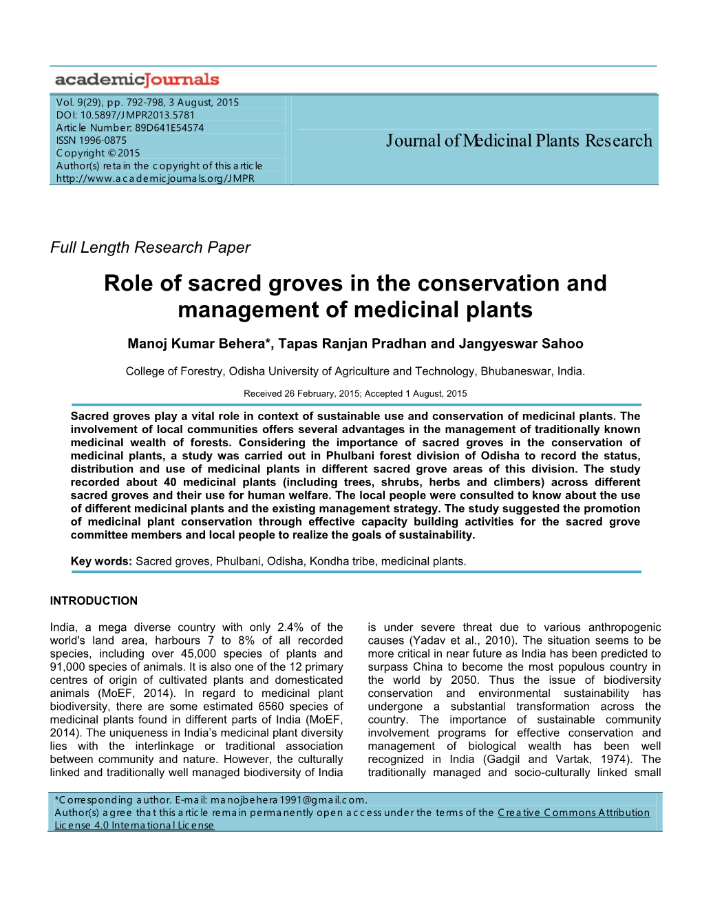 Role of Sacred Groves in the Conservation and Management of Medicinal Plants