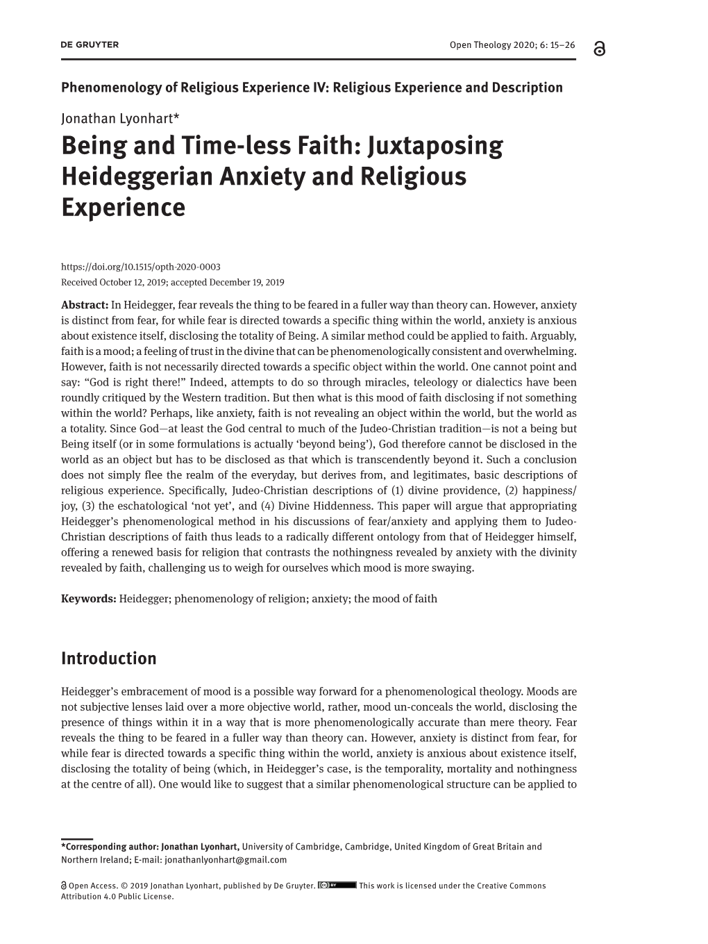 Being and Time-Less Faith: Juxtaposing Heideggerian Anxiety and Religious Experience