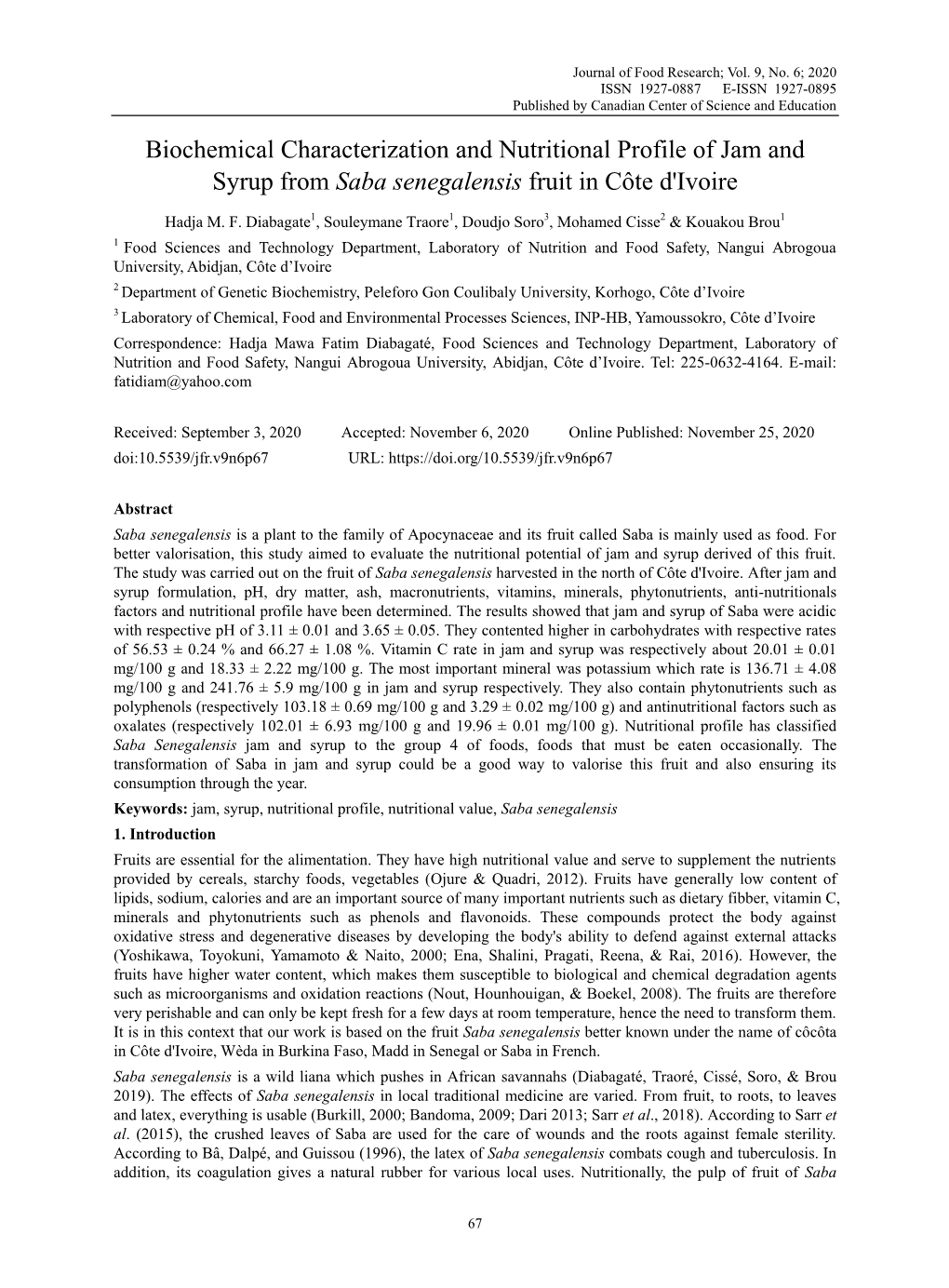 Biochemical Characterization and Nutritional Profile of Jam and Syrup from Saba Senegalensis Fruit in Côte D'ivoire