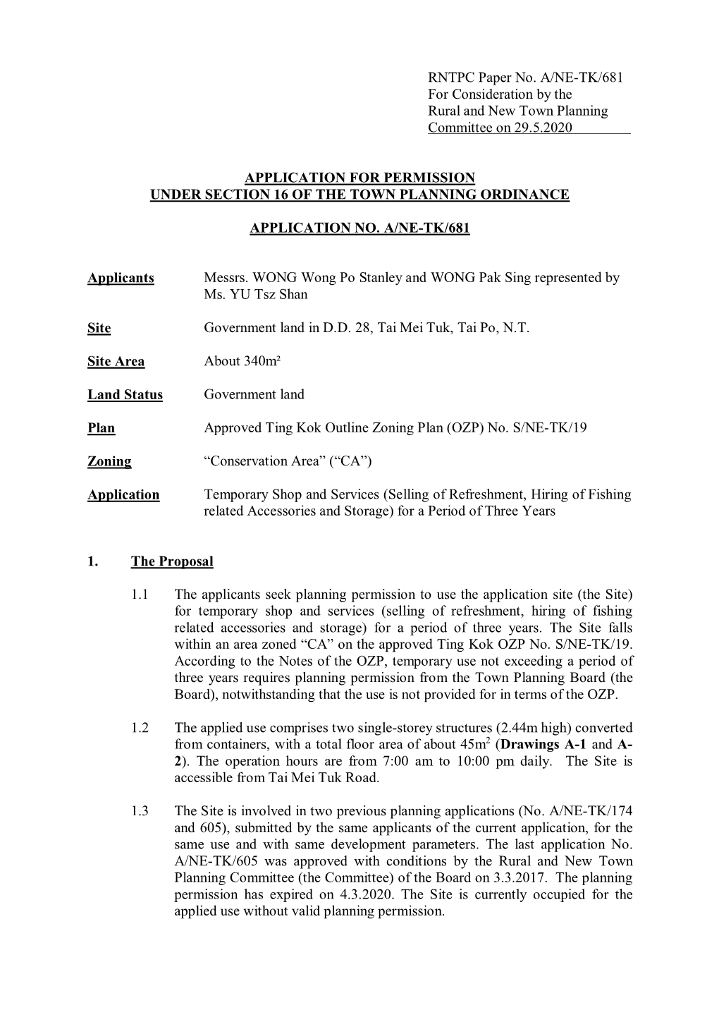 RNTPC Paper No. A/NE-TK/681 for Consideration by the Rural and New Town Planning Committee on 29.5.2020