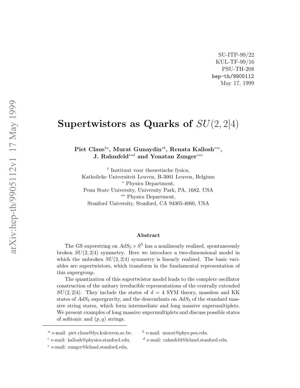 Arxiv:Hep-Th/9905112V1 17 May 1999 C E a -Al Kallosh@Physics.Stanford.Edu