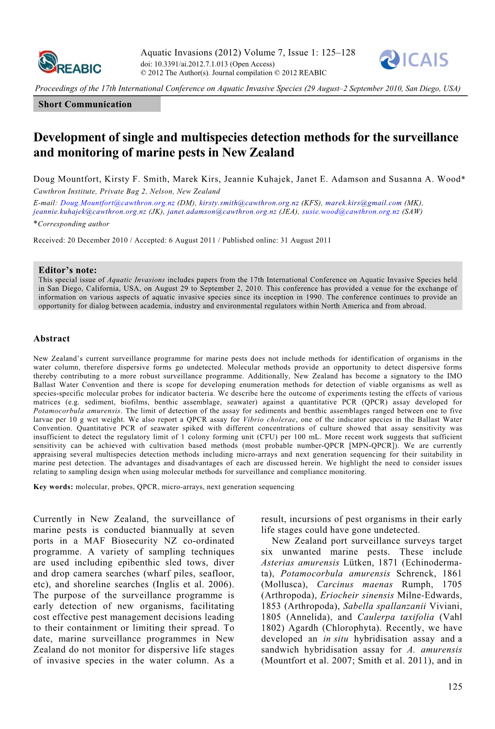 Development of Single and Multispecies Detection Methods for the Surveillance and Monitoring of Marine Pests in New Zealand