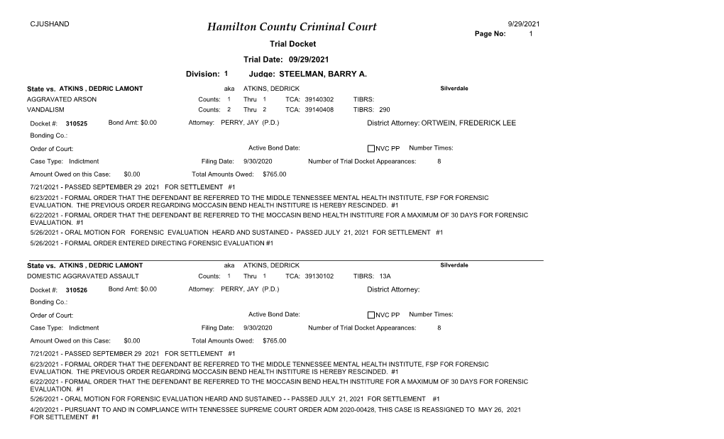 Hamilton County Criminal Court 9/29/2021 Page No: 1 Trial Docket Trial Date: 09/29/2021 Division: 1 Judge: STEELMAN, BARRY A