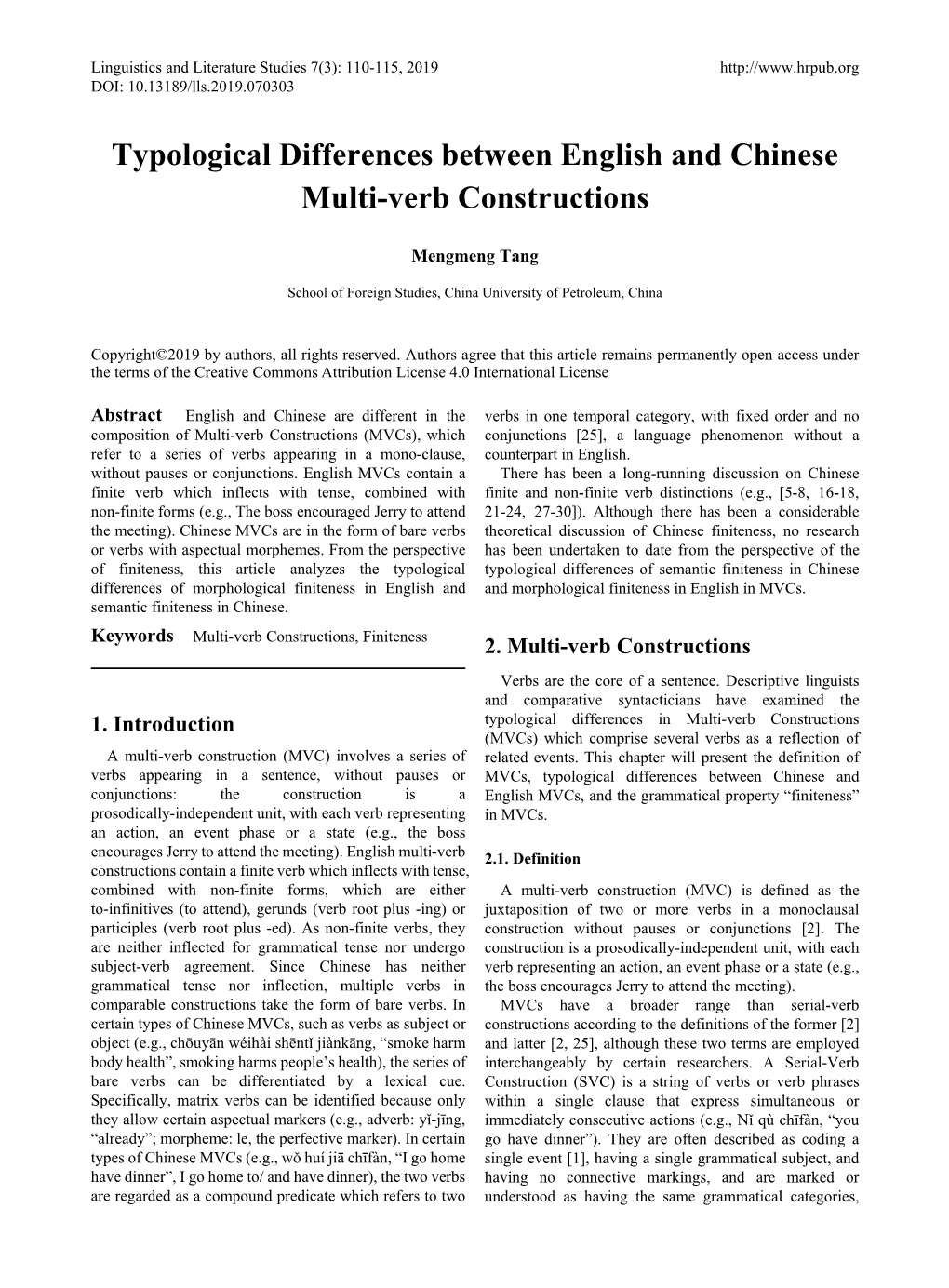 Typological Differences Between English and Chinese Multi-Verb Constructions