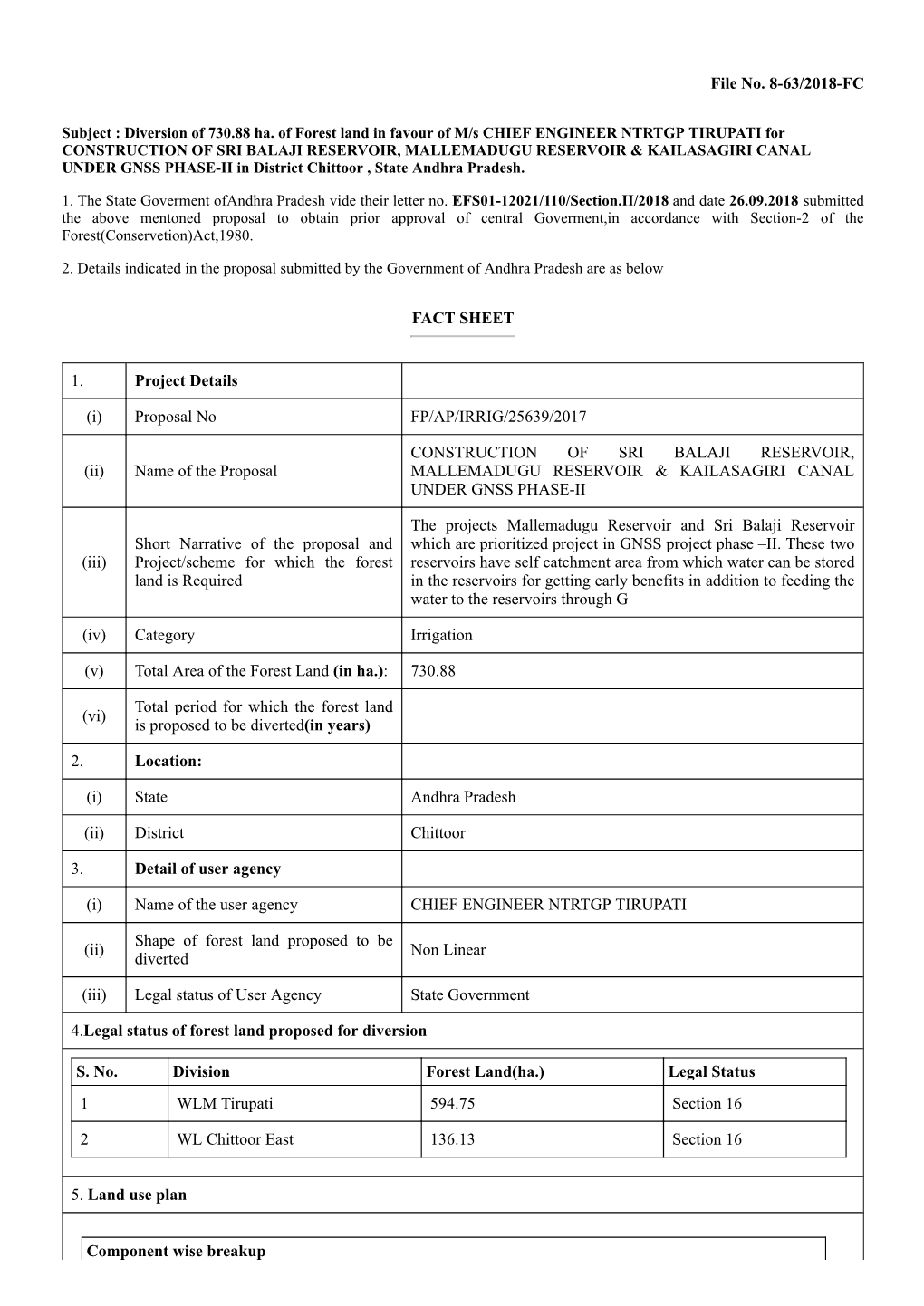 Component Wise Breakup File No. 8-63/2018-FC FACT SHEET 1