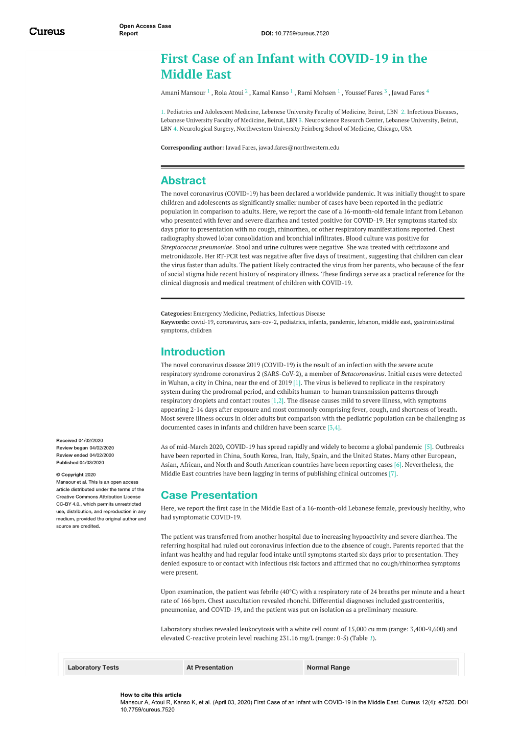 First Case of an Infant with COVID-19 in the Middle East