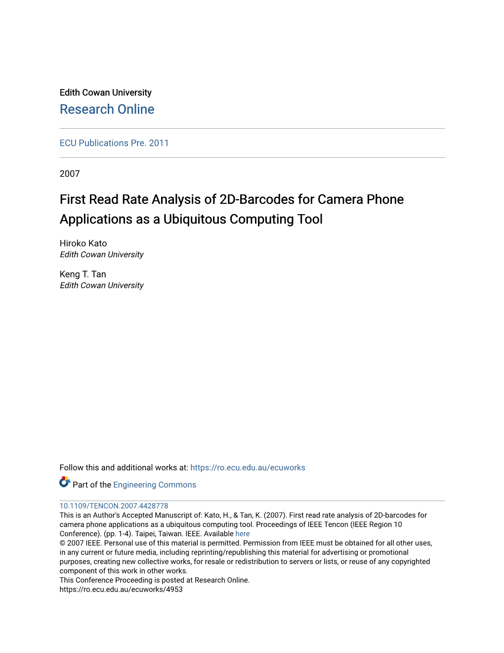 First Read Rate Analysis of 2D-Barcodes for Camera Phone Applications As a Ubiquitous Computing Tool