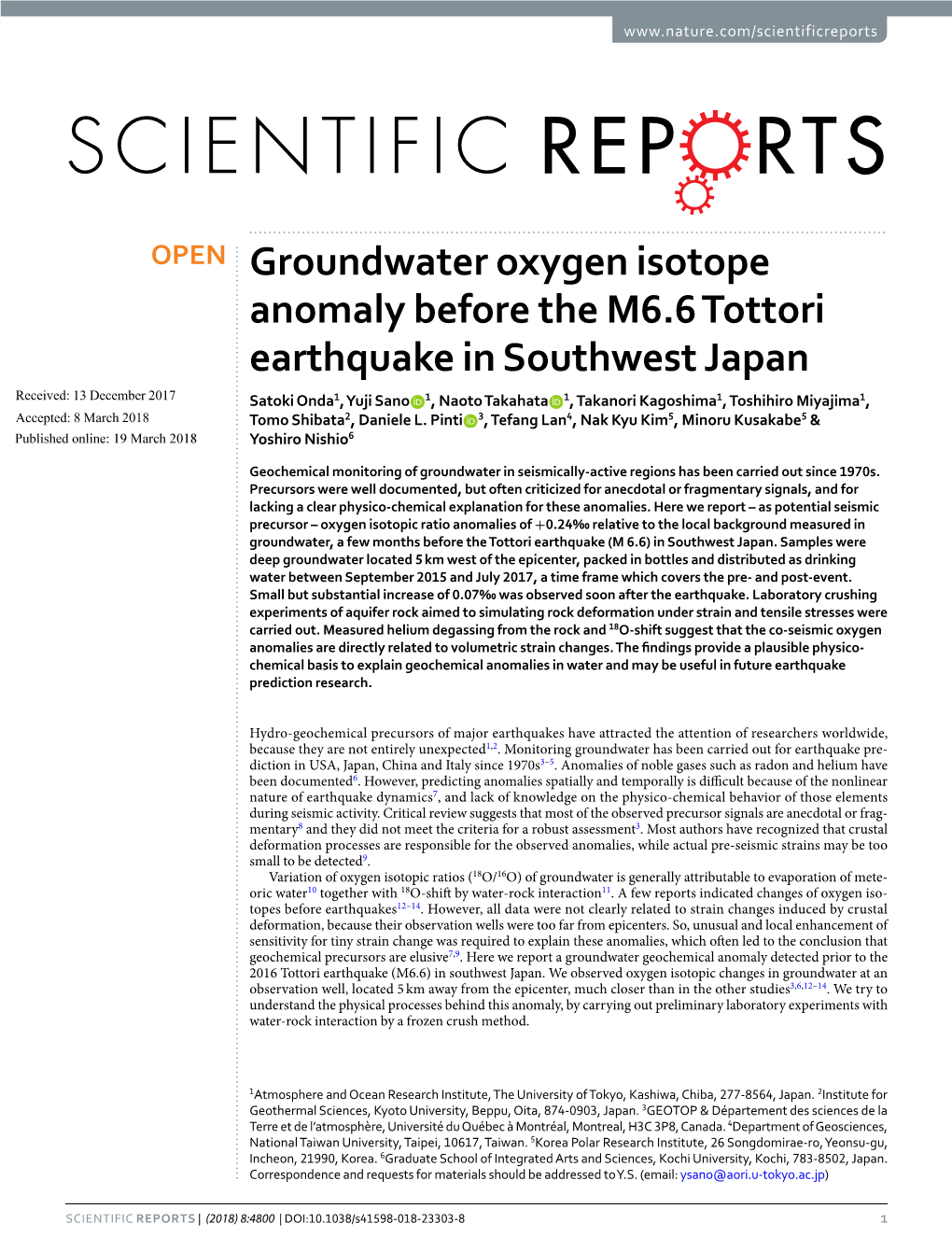 Groundwater Oxygen Isotope Anomaly Before the M6.6 Tottori Earthquake