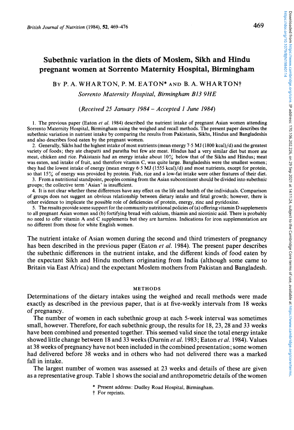 Subethnic Variation in the Diets of Moslem, Sikh and Hindu Pregnant Women at Sorrento Maternity Hospital, Birmingham