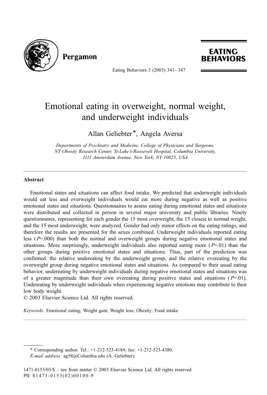 Emotional Eating in Overweight, Normal Weight, and Underweight Individuals