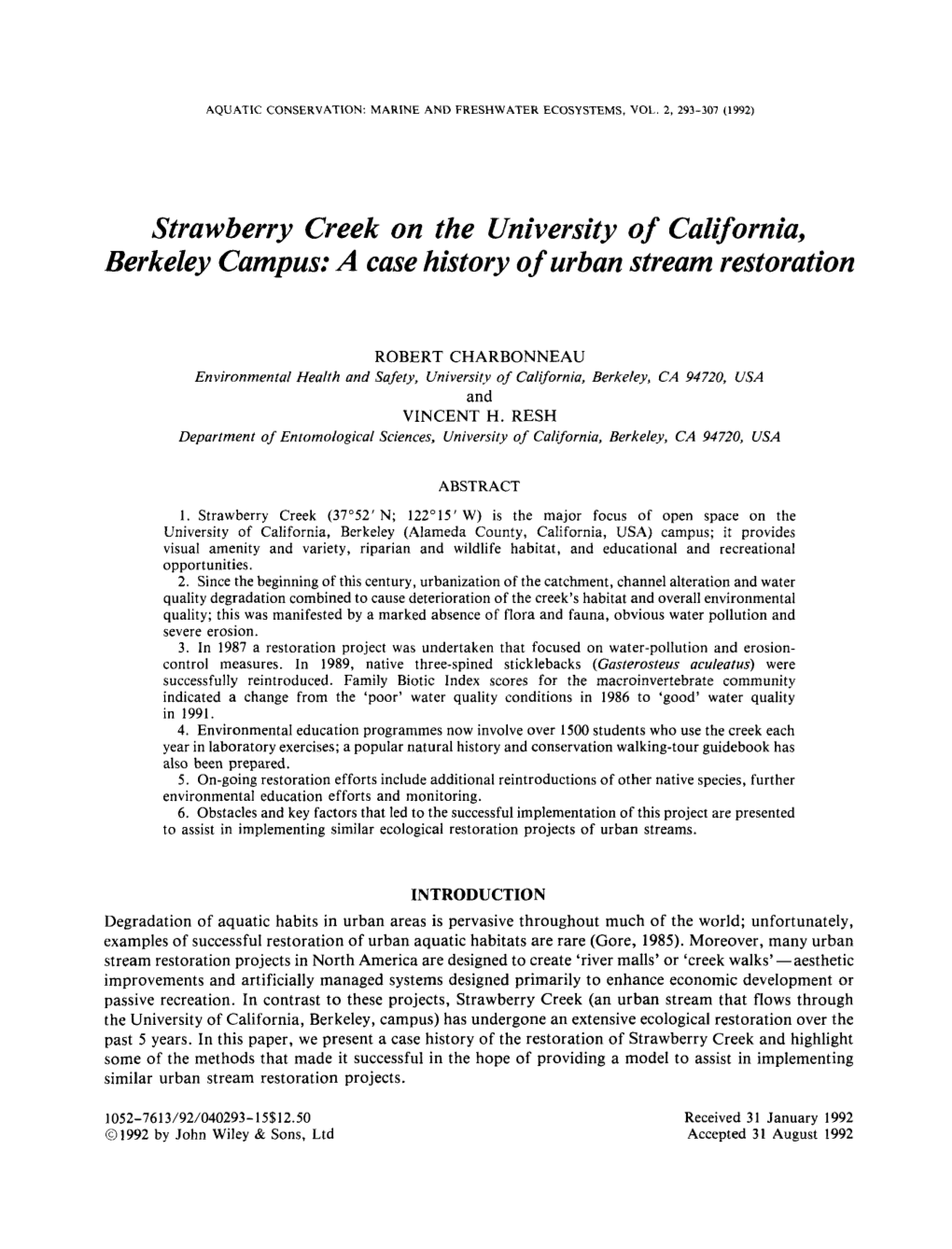 A Case History of Urban Stream Restoration