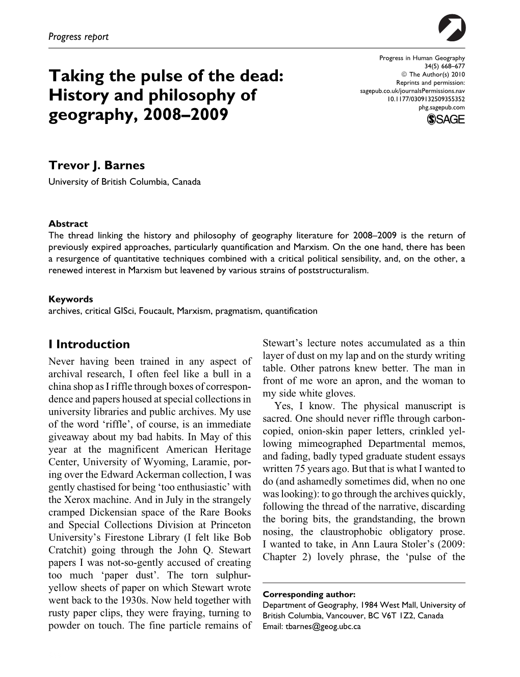 Taking the Pulse of the Dead: History and Philosophy of Geography, 2008