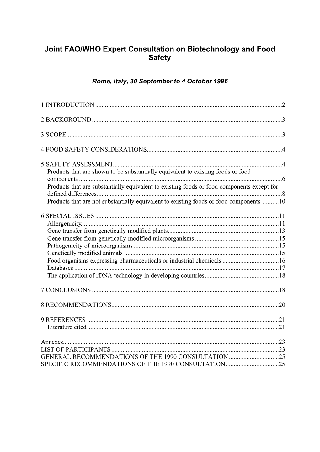 Joint FAO/WHO Expert Consultation on Biotechnology and Food Safety