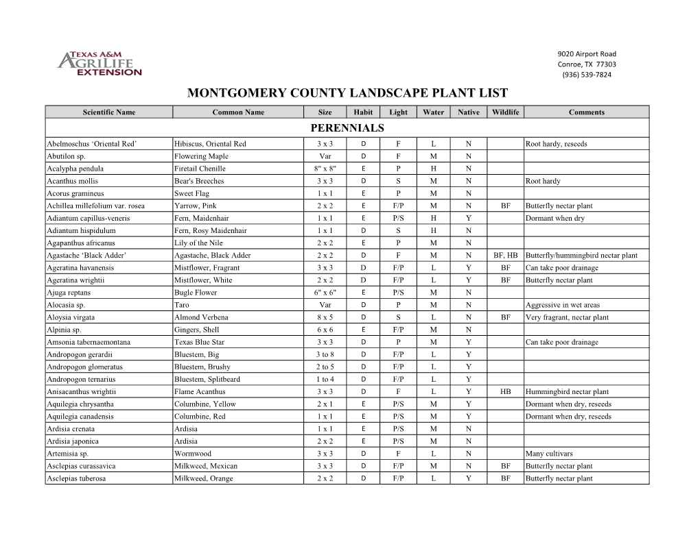 Montgomery County Landscape Plant List